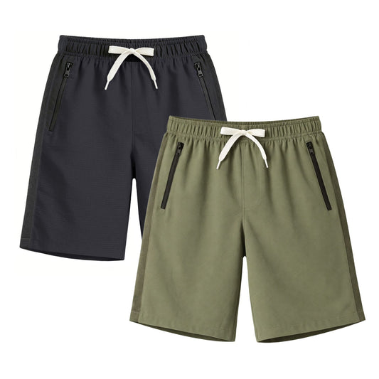 HILEELANG 5-15T Boys 2-Pack Quick Dry Athletic Sweat Shorts, Elastic Waist Active Shorts with Zipper Pockets for Kids Youth