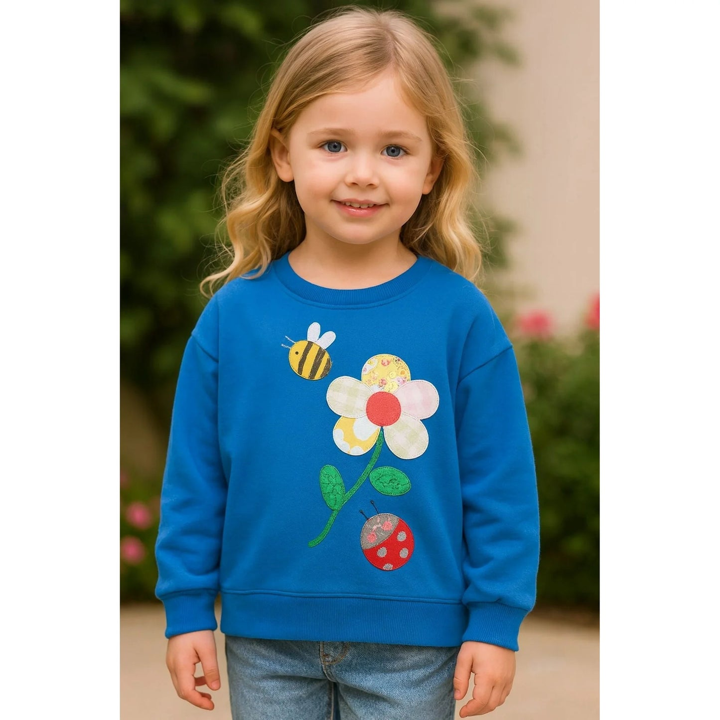 HILEELANG Toddler Girls(2-7Y) Blue Sweatshirt Cotton Falling Shoulder Sleeve Pullover Colorful Royal Flower Fall Winter Shirt