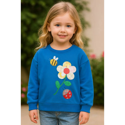HILEELANG Toddler Girls(2-7Y) Blue Sweatshirt Cotton Falling Shoulder Sleeve Pullover Colorful Royal Flower Fall Winter Shirt
