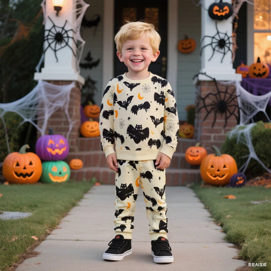 HILEELANG Toddler Boys(Age:2-7Y) Halloween Outfit – 2 Piece Cotton Set with Bat & Spider Print Sweatshirt and Jogger Pants
