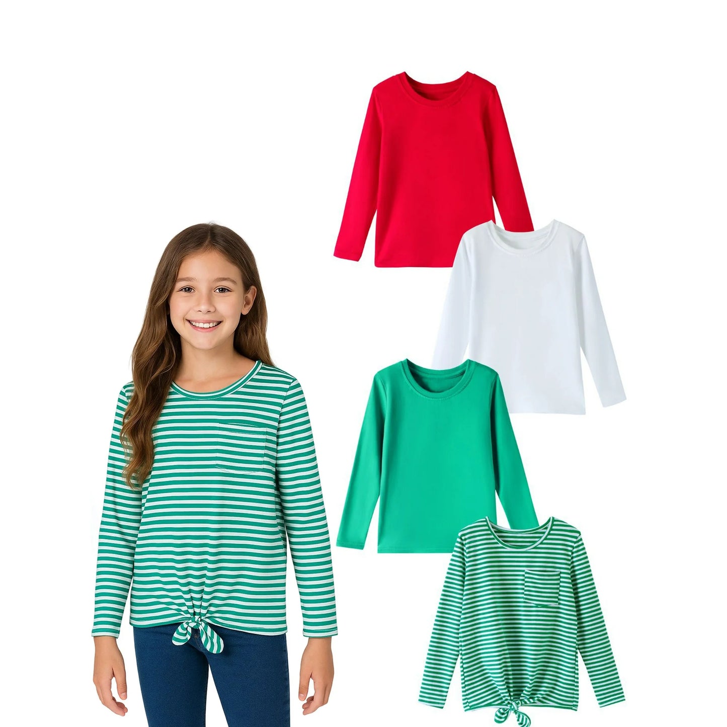 HILEELANG Girls 100% Cotton Long Sleeve T-Shirt 4-Pack, Red Green White Striped, Casual Everyday Tops