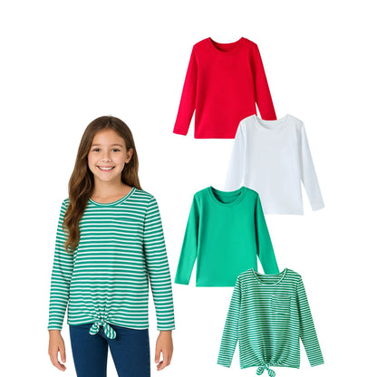 HILEELANG Girls 100% Cotton Long Sleeve T-Shirt 4-Pack, Red Green White Striped, Casual Everyday Tops
