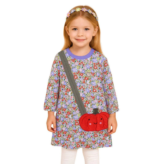 HILEELANG 100% Cotton Girls Long Sleeve Dress with NavyUnicorn ,NavyStripeDog,StripeStrawberry and FloralPumpkin – Ages