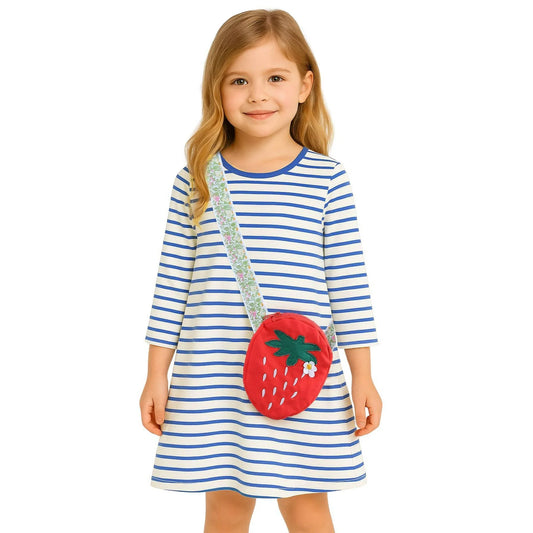 HILEELANG 100% Cotton Girls Long Sleeve Dress with NavyUnicorn ,NavyStripeDog,StripeStrawberry and FloralPumpkin – Ages