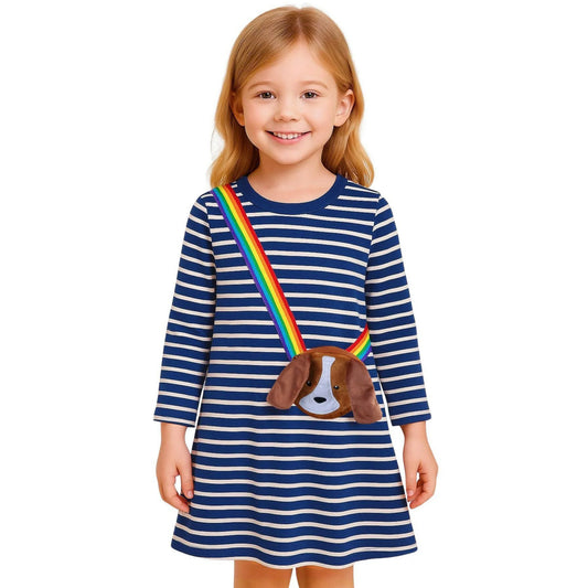 HILEELANG 100% Cotton Girls Long Sleeve Dress with NavyUnicorn ,NavyStripeDog,StripeStrawberry and FloralPumpkin – Ages