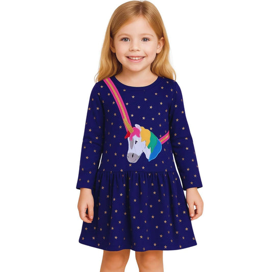 HILEELANG 100% Cotton Girls Long Sleeve Dress with NavyUnicorn ,NavyStripeDog,StripeStrawberry and FloralPumpkin – Ages