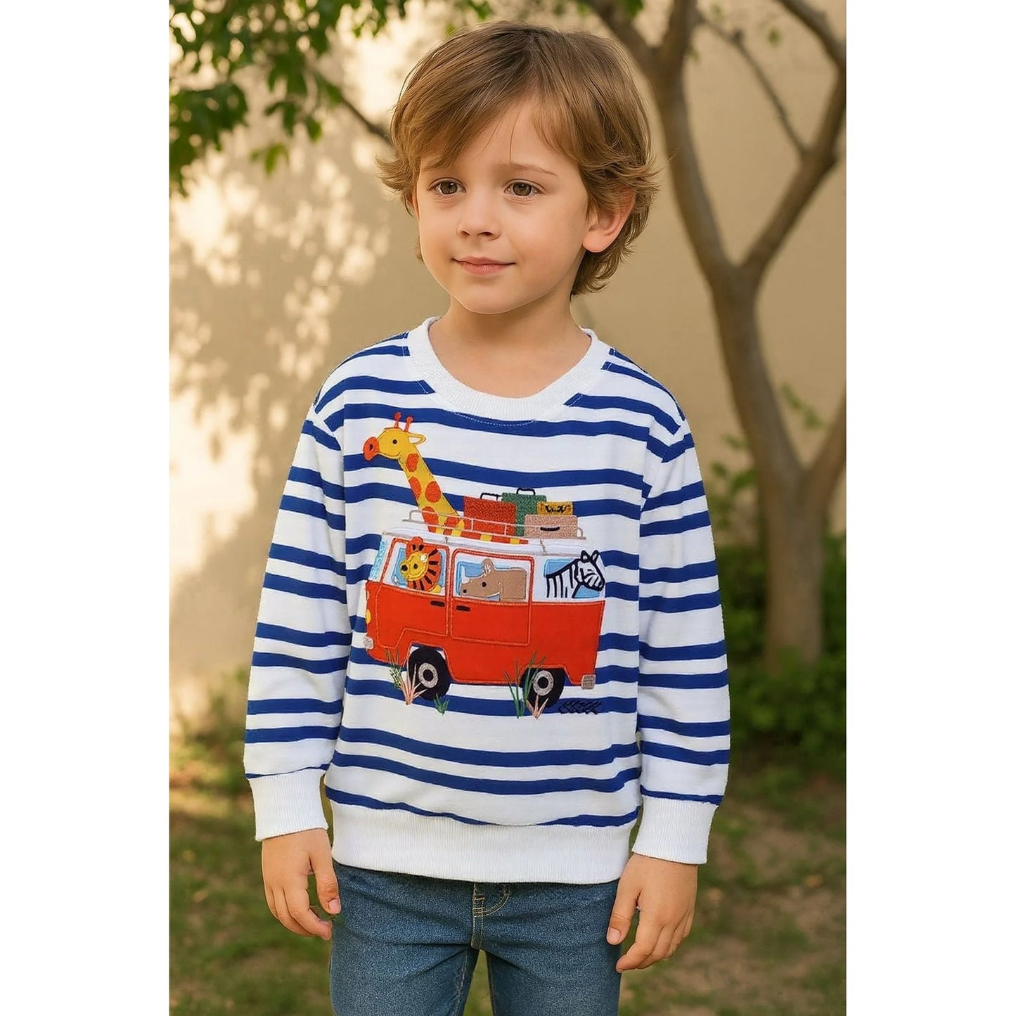 HILEELANG Toddler Boys(2-7Y) Sweatshirt Long Sleeve Striped Pullover Top, Cute Giraffe Zebra Applique Embroidery Fall Winter Cotton Crewneck Shirt