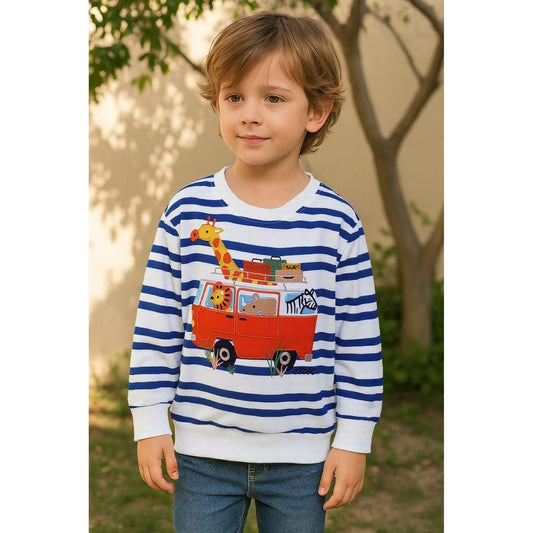 HILEELANG Toddler Boys(2-7Y) Sweatshirt Long Sleeve Striped Pullover Top, Cute Giraffe Zebra Applique Embroidery Fall Winter Cotton Crewneck Shirt