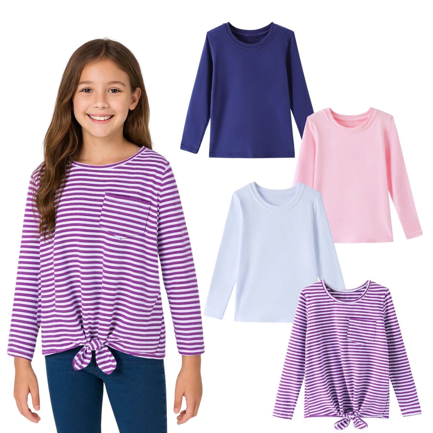 HILEELANG Girls 100% Cotton Long Sleeve T-Shirt 4-Pack, Purple Stripe Navy Pink White, Casual Everyday Tops