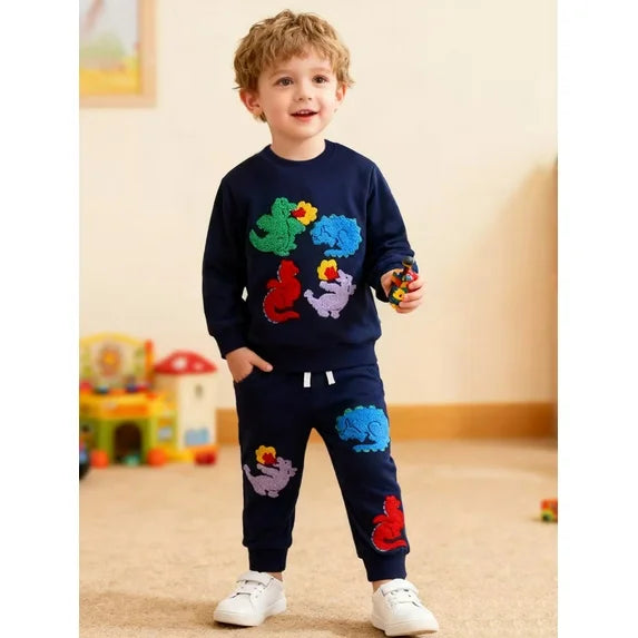HILEELANG Toddler Boys（2-7Y) 2-Piece Outfit Set,3D Appliqué Dinosaur Patch Sweatshirt and Jogger Pants, Cozy Fall Spring Tracksuit