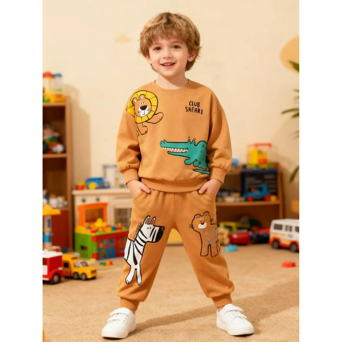 HILEELANG Toddler Boys （2-7Y) 2-Piece Outfit Set, Cartoon Safari Animal Print Sweatshirt and Pants, Soft Fall Spring Clothing