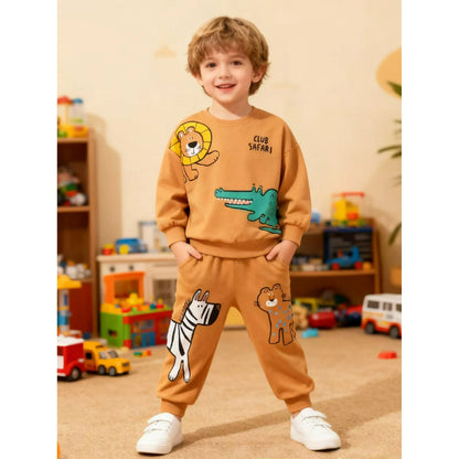 HILEELANG Toddler Boys （2-7Y) 2-Piece Outfit Set, Cartoon Safari Animal Print Sweatshirt and Pants, Soft Fall Spring Clothing