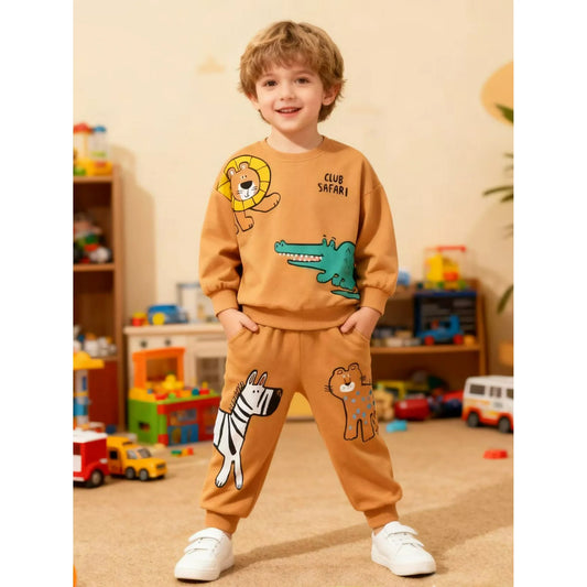HILEELANG Toddler Boys （2-7Y) 2-Piece Outfit Set, Cartoon Safari Animal Print Sweatshirt and Pants, Soft Fall Spring Clothing