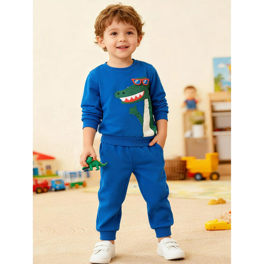 HILEELANG Toddler Boys（2-7Y) Blue Glass Dino Sweatshirt and Pants Set, 2 Piece Long Sleeve Outfit for Kids, Cotton Fall Winter Clothes