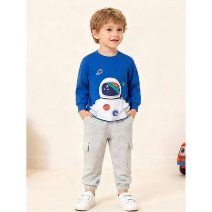 HILEELANG Toddler Boys(2-7Y) Blue Astronaut Sweatshirt and Grey Pants Set, 2 Piece Long Sleeve Outfit for Kids, Cotton Fall Winter Clothes