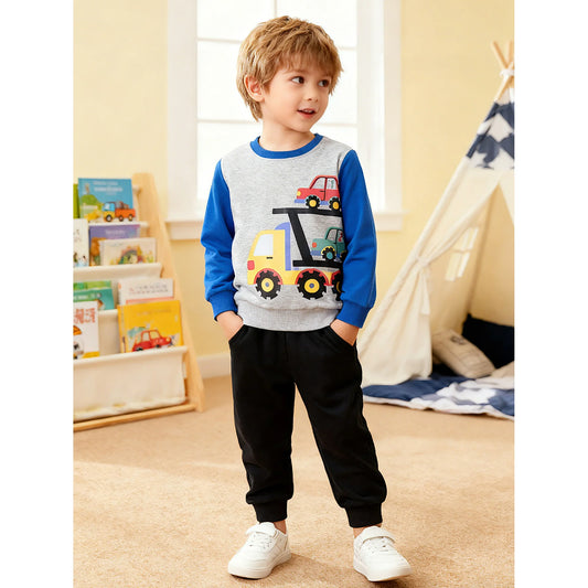 HILEELANG Toddler Boys(2-7Y) Car Truck Sweatshirt and Pants Set, 2 Piece Long Sleeve Outfit for Kids, Cotton Fall Winter Clothes