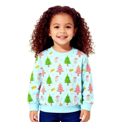 HILEELANG Toddler Girls(2-7Y) Christmas Blue Sweatshirt - Kids Cute XmasTree Pullover Holiday Long Sleeve Tops