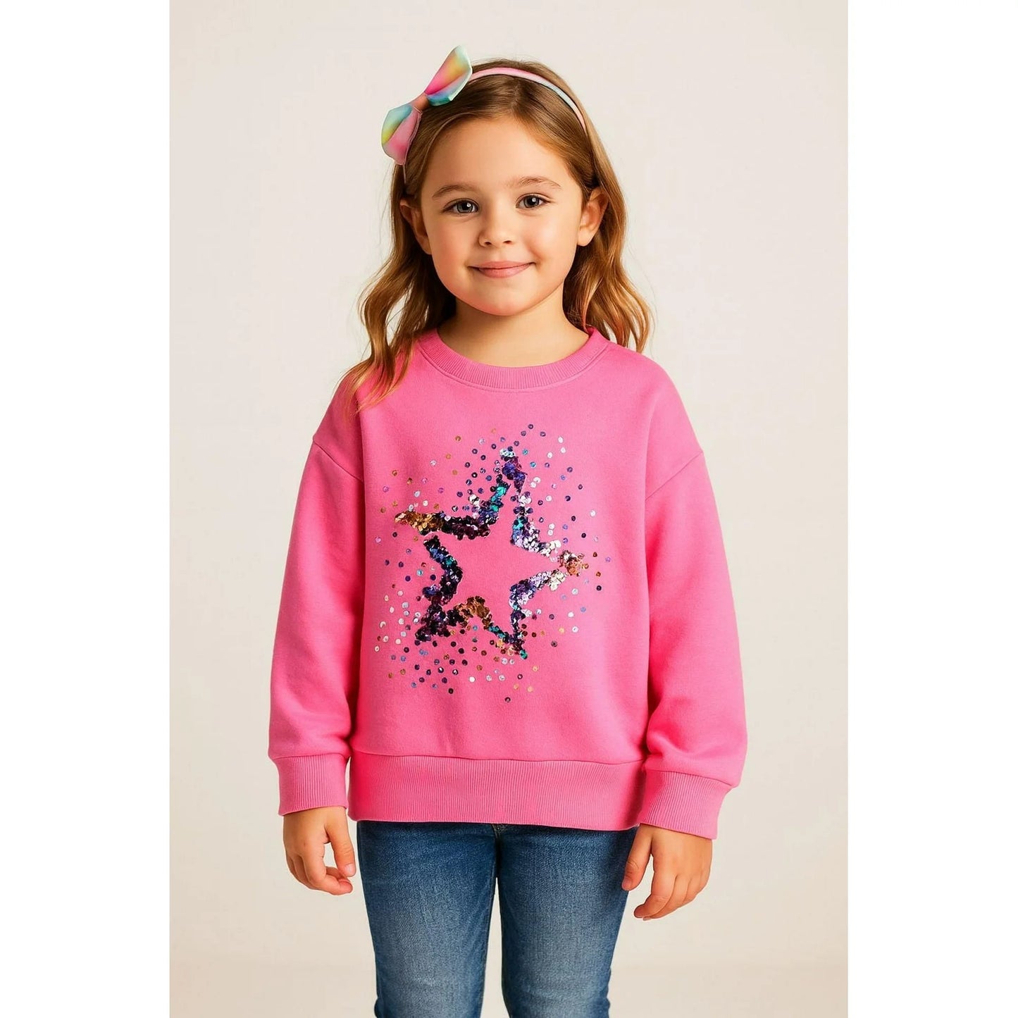 HILEELANG Toddler(2-7Y) Rose Pink Falling Shoulder Sleeves Sweatshirt Girls Star Print Pullover Fall Top