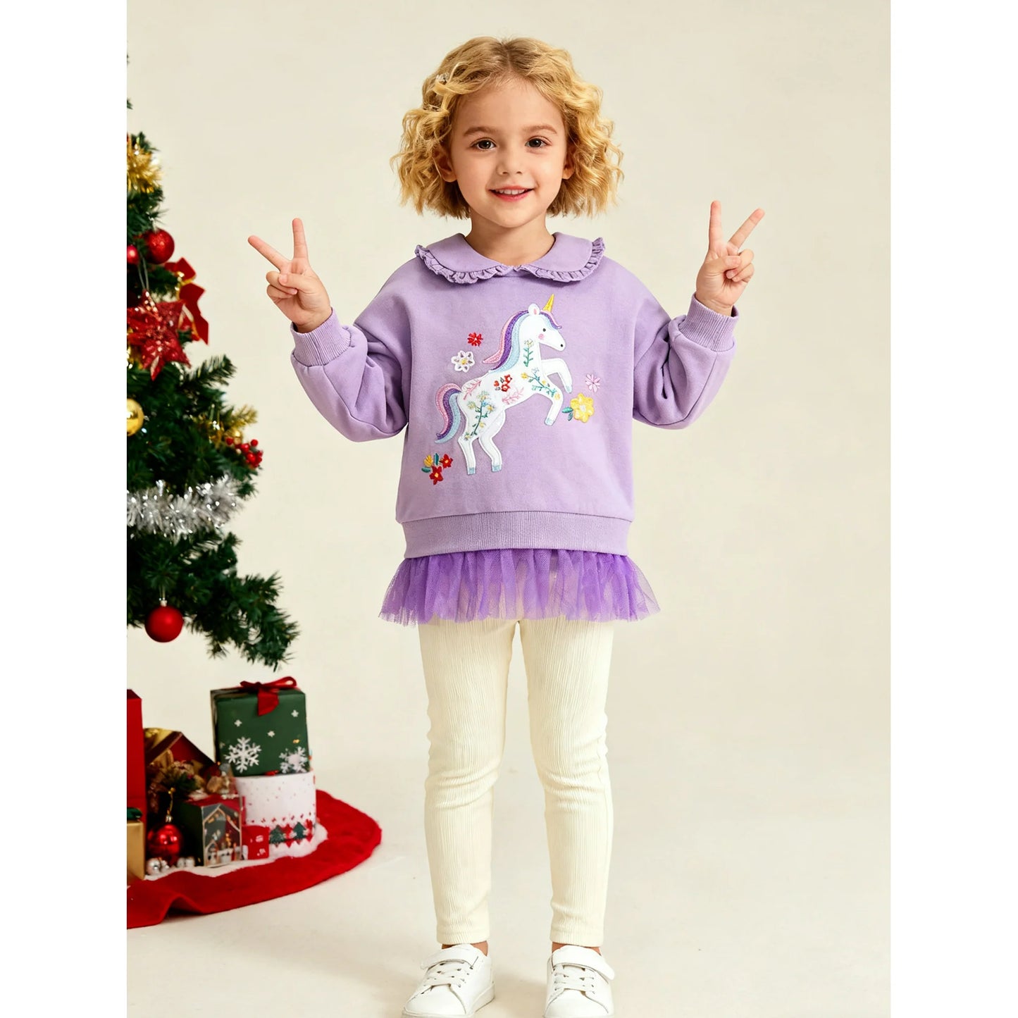 HILEELANG Toddler Girl Sweatshirt and Leggings Set （Age:2-7Y) – Long Sleeve Purple Unicorn Pullover with Collar and Off white Pants, Fall Winter Outfit for Kids