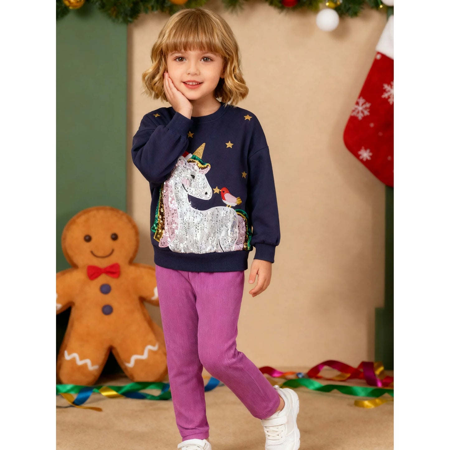 HILEELANG Toddler Girl Fall Outfits Clothing Pants Set Unicorn Sweatshirt（Age:2-7Y) Cotton Strench Purple Leggings Playwear Sets