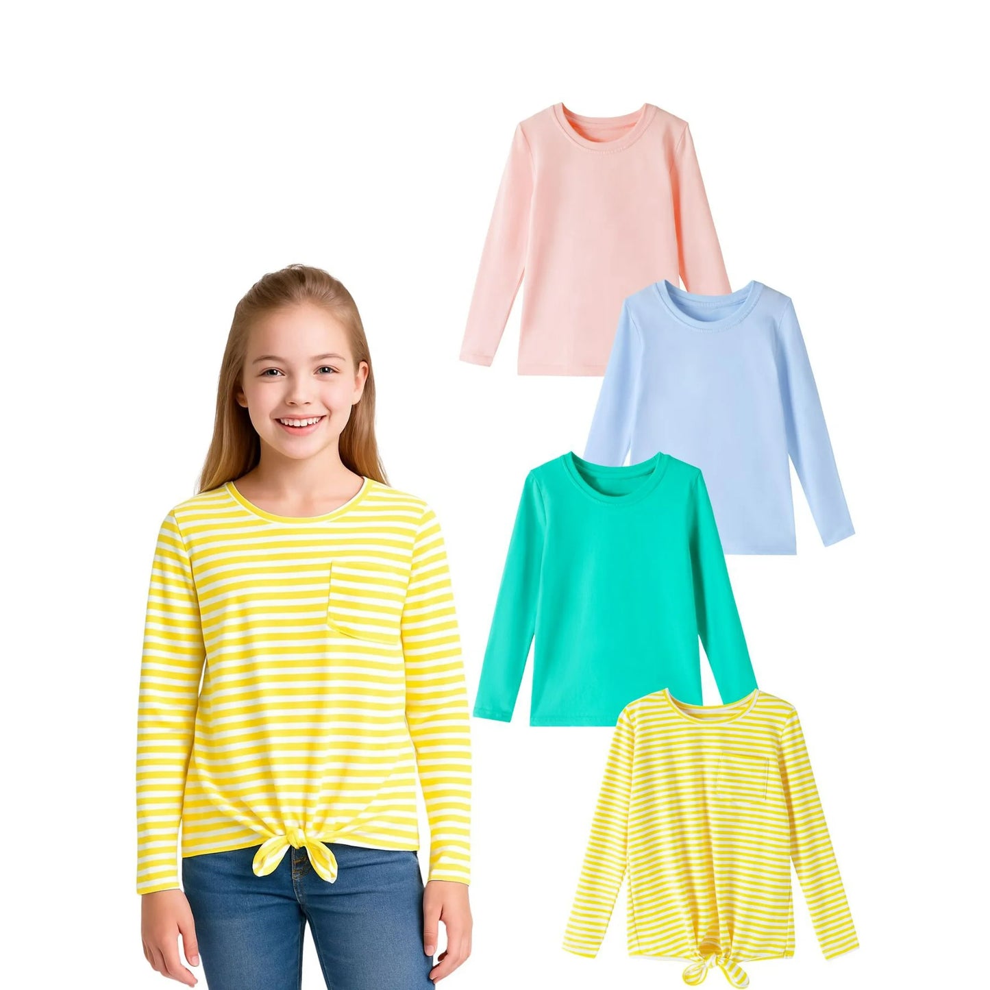 HILEELANG Girls 100% Cotton Long Sleeve T-Shirt 4-Pack, Blue Pink Green Yellow, Casual Everyday Tops