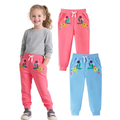 ILEELANG Toddler Girls（Age:12M-7Y) Cotton Joggers Sweatpants Floral Embroidery Drawstring Waist and Pockets-Pink Blue Casual Athletic Pants for Kids
