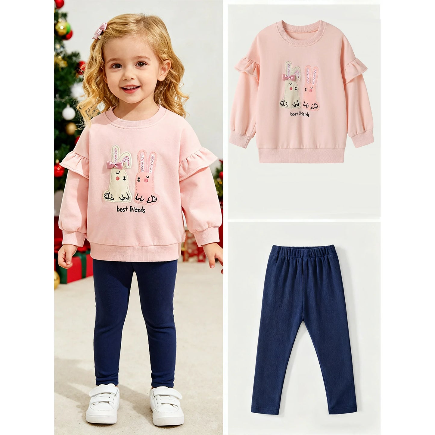 HILEELANG Toddler Girl Sweatshirt and Leggings Set（Age:2-7Y) – Lotus leaf Long Sleeve Pink Best Friend Pullover and Navy Pants, Fall Winter for Kids