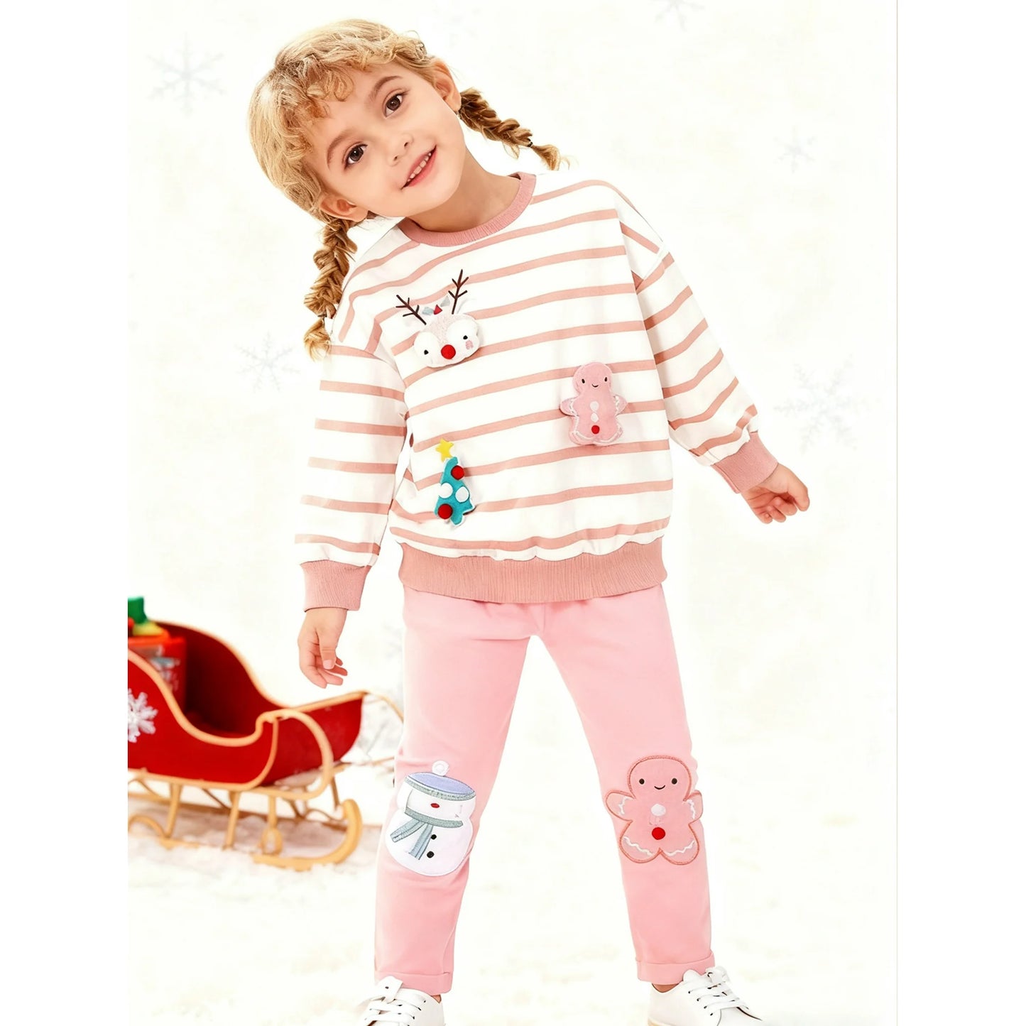 HILEELANG Toddler Girl Christmas Sweatshirt and Leggings Set （Age:2-7Y) – Long SleevePink Stripe XMAS Pullover and Pinink Pants, Fall Winter for Kids