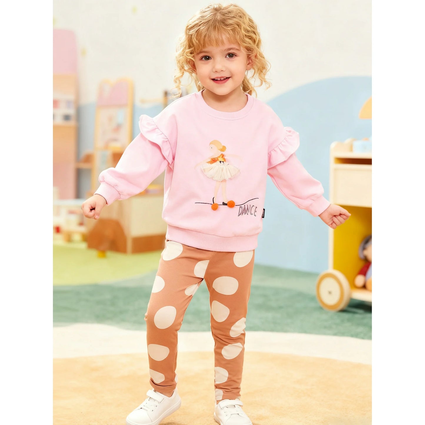 HILEELANG Toddler Girl Sweatshirt and Leggings Set（Age:2-7Y) – Lotus leaf Long Sleeve Pink Fairy Dance Pullover and Brown Pants, Fall Winter for Kids