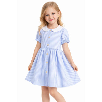 HILEELANG 2-7T Toddler/Little Girls Light Blue White Stripe 100% Cotton Dress
