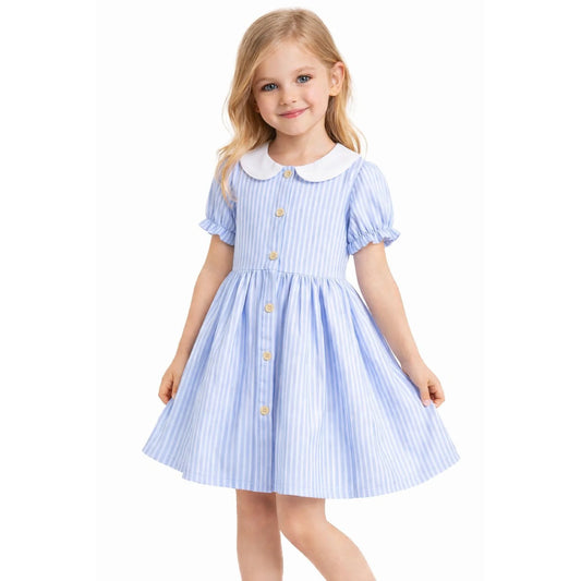 HILEELANG 2-7T Toddler/Little Girls Light Blue White Stripe 100% Cotton Dress