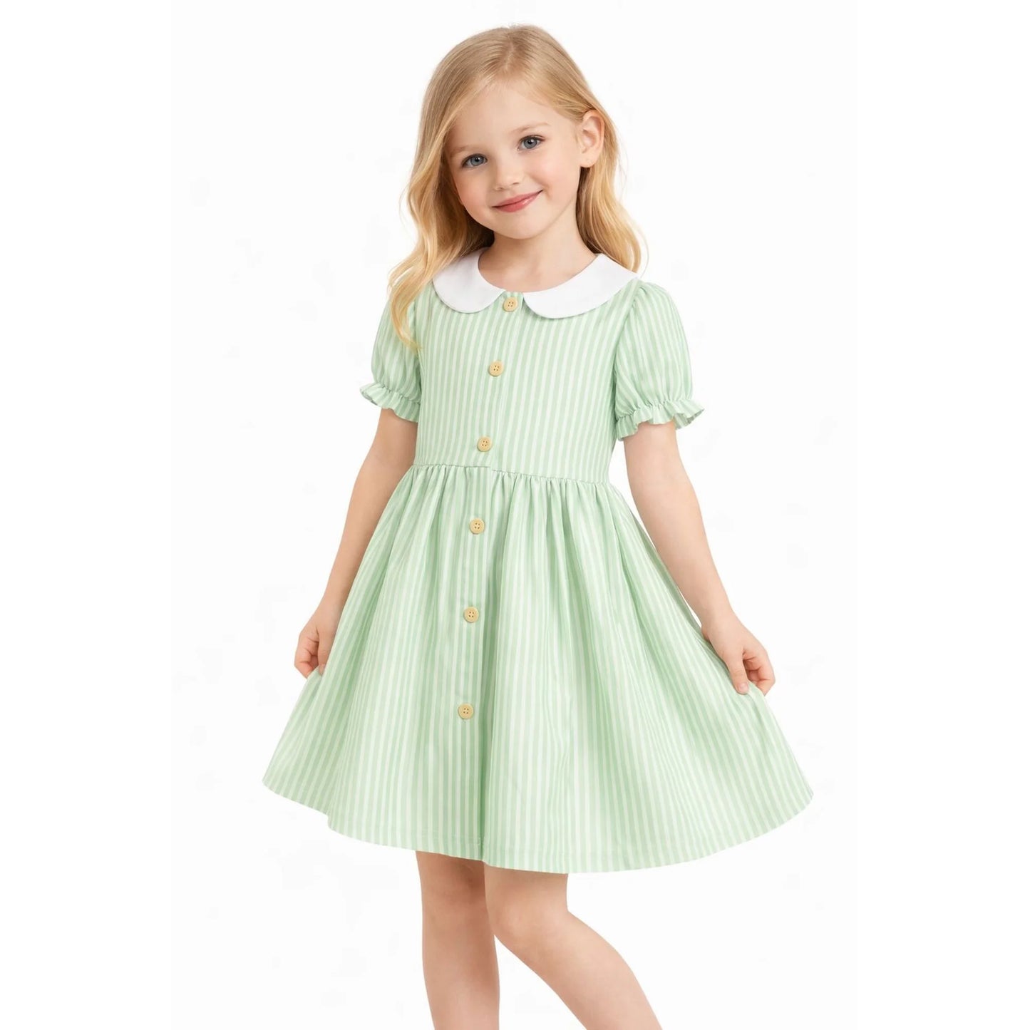 ILEELANG 2-7T Toddler/Little Girls Light Green White Stripe 100% Cotton Dress