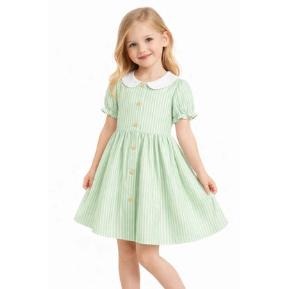 ILEELANG 2-7T Toddler/Little Girls Light Green White Stripe 100% Cotton Dress