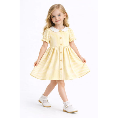HILEELANG 2-7T Toddler/Little Girls Light Yellow White Stripe 100% Cotton Dress
