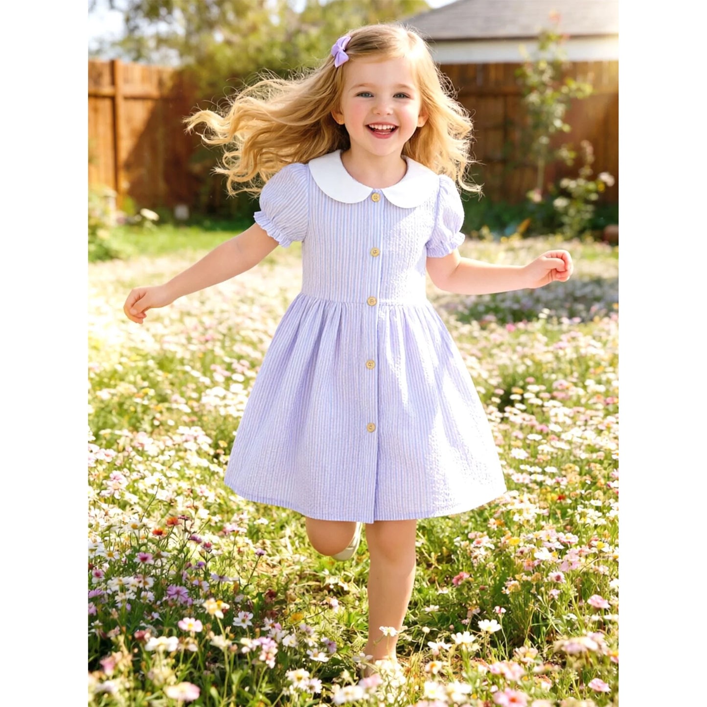 HILEELANG 2-7T Toddler/Little Girls Pastel Blue Pink Lavender Stripe 100% Cotton Dress
