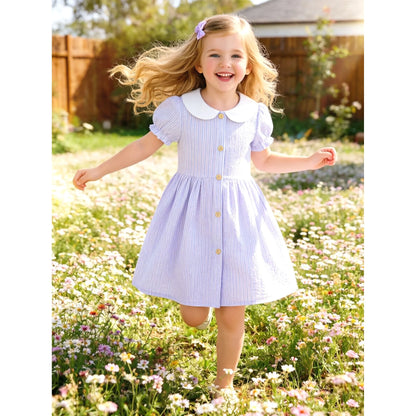 HILEELANG 2-7T Toddler/Little Girls Pastel Blue Pink Lavender Stripe 100% Cotton Dress