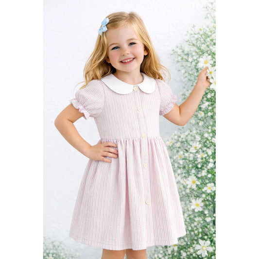 HILEELANG 2-7T Toddler/Little Girls Pink Green Lavender Stripe 100% Cotton Dress