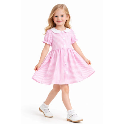 HILEELANG 2-7T Toddler/Little Girls Pink White Stripe 100% Cotton Dress