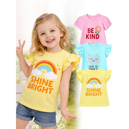 HILEELANG 2-7T Toddler/Little Girls 100% Cotton 3 Pack Butterfly Bee Ladybug Short Sleeve T-Shirt