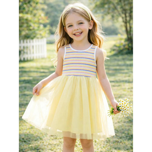 HILEELANG 2-7T Toddler Little Girls Multicolor Striped Ribbed Tulle Dress, Soft Yellow Sleeveless Summer Sundress