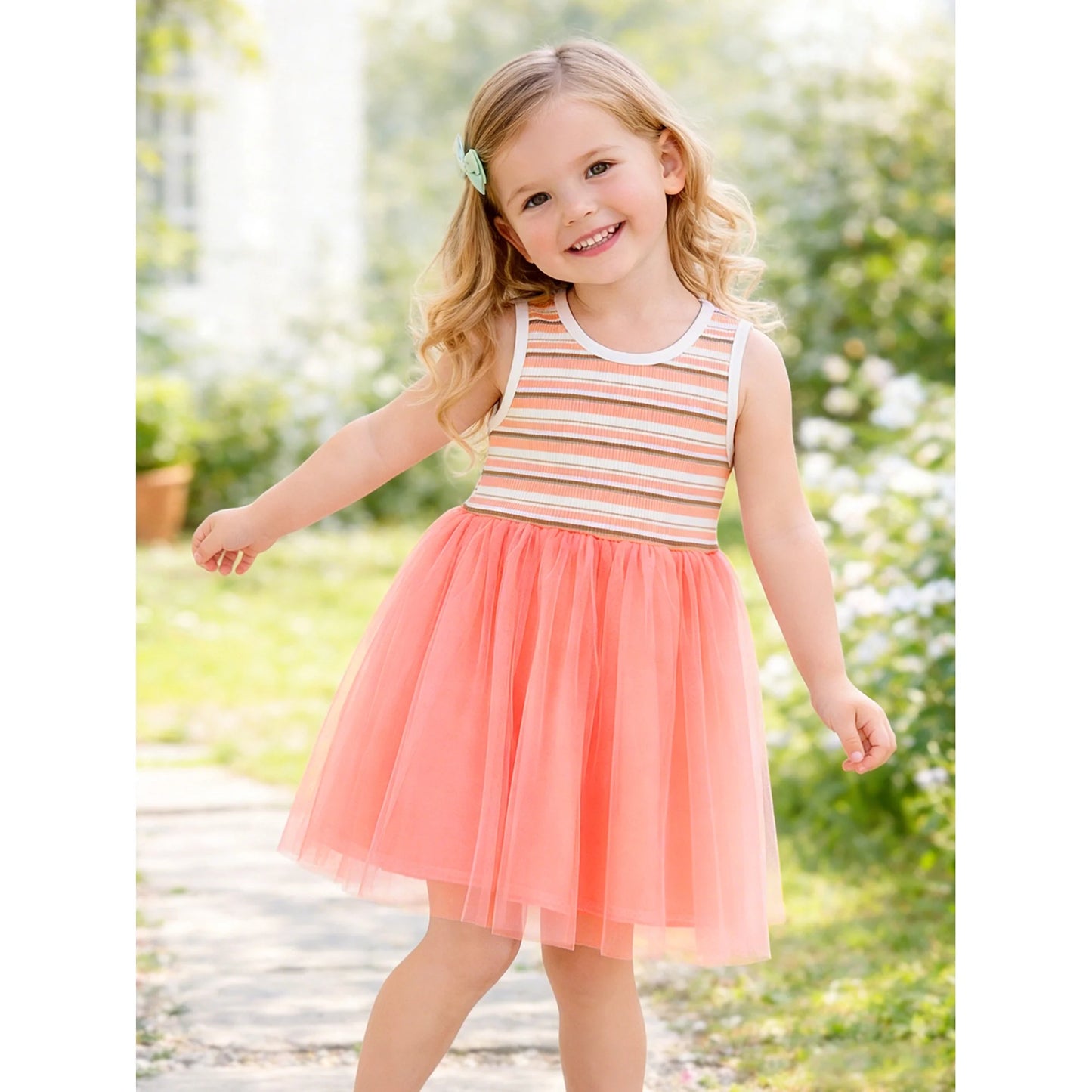 HILEELANG 2-7T Toddler Little Girls Striped Ribbed Tulle Dress, Sleeveless Peach Tutu Sundress for Summer
