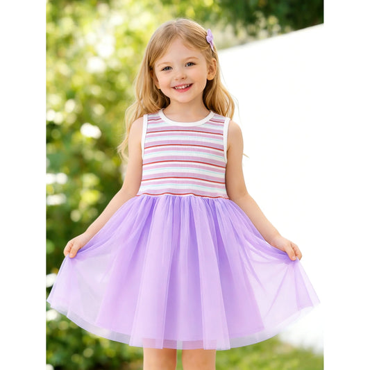 HILEELANG 2-7T Toddler Little Girls Pastel Striped Ribbed Tulle Dress, Lavender Purple Sleeveless Sundress