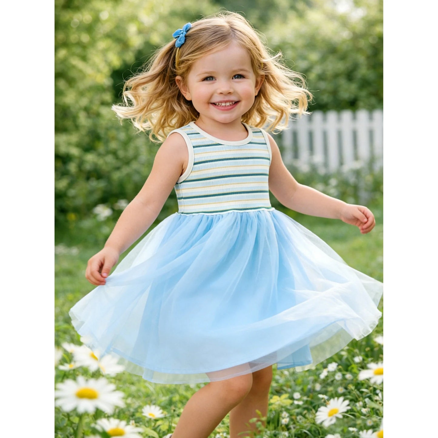 HILEELANG 2-7T Toddler Little Girls Rainbow Striped Ribbed Tulle Dress, Sky Blue Sleeveless Casual Sundress