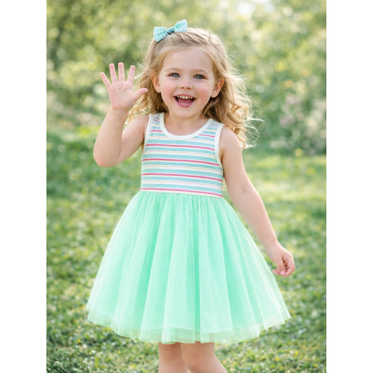 HILEELANG 2-7T Toddler Little Girls Colorful Striped Ribbed Tulle Dress, Mint Blue Sleeveless Summer Sundress