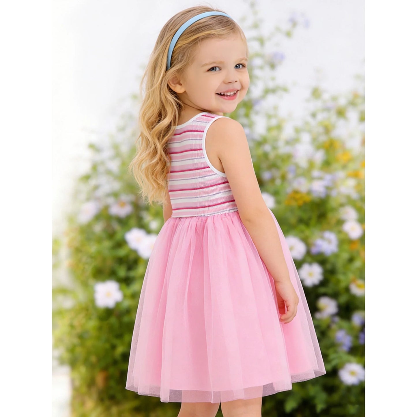 HILEELANG 2-7T Toddler Little Girls Sleeveless Striped Ribbed Tulle Dress, Soft Pink Summer Sundress