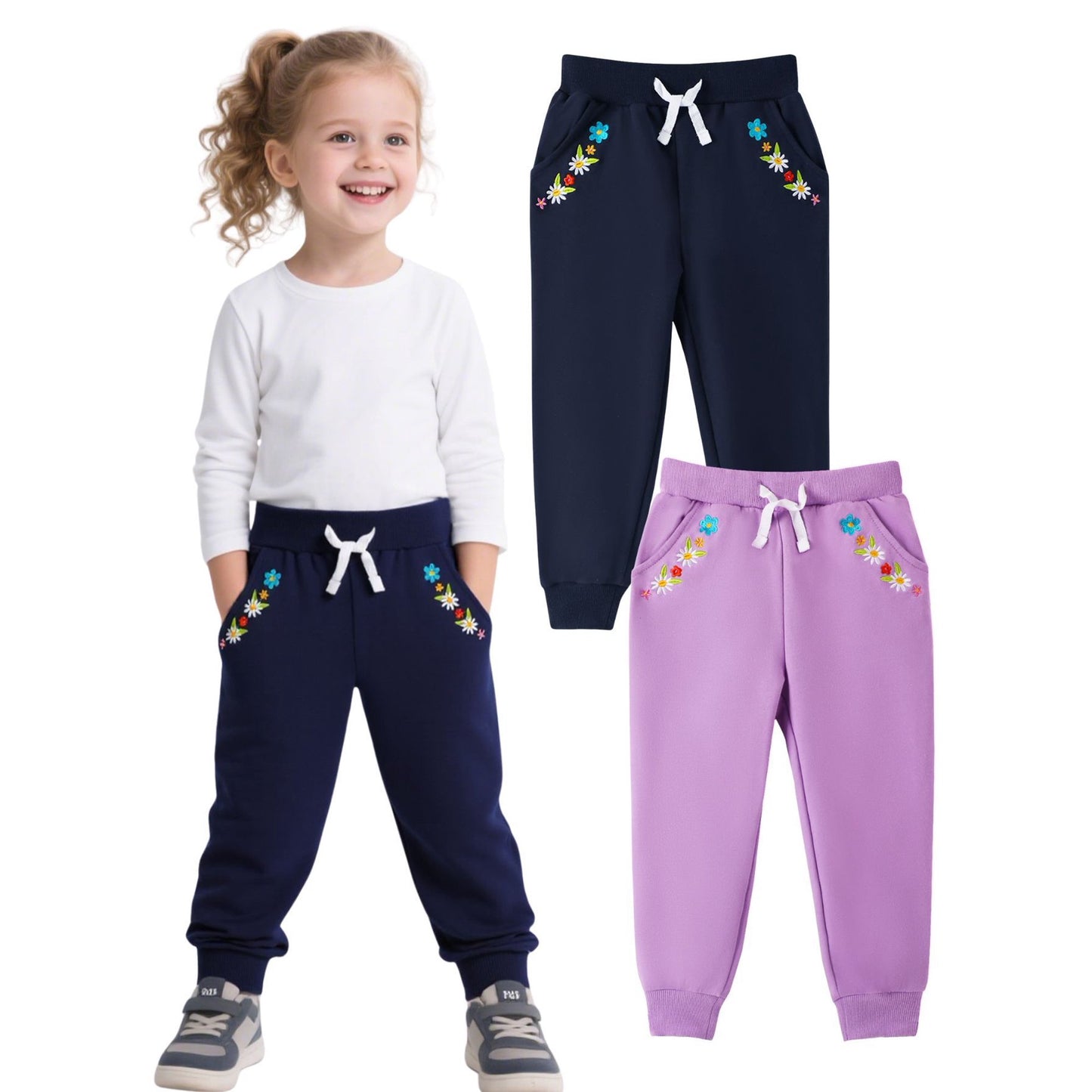 HILEELANG Toddler Girls（Age:12M-7Y) Cotton Joggers Sweatpants Floral Embroidery Drawstring Waist and Pockets-Purple Navy Blue Casual Athletic Pants for Kids