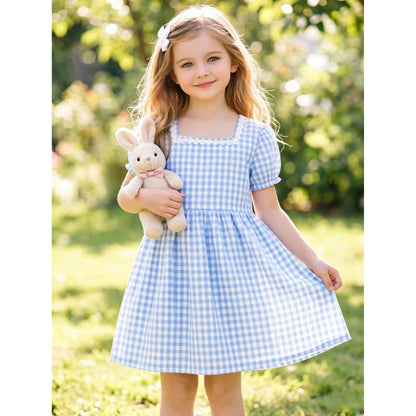 HILEELANG 3-13T Little/Big Girls Blue Gingham Square Neck 100% Cotton Dress