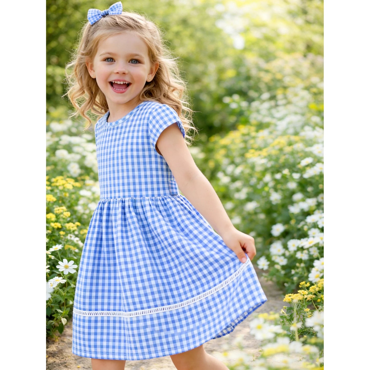 HILEELANG 3-13T Little/Big Girls Light Blue Gingham 100% Cotton Dress