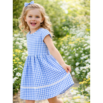 HILEELANG 3-13T Little/Big Girls Light Blue Gingham 100% Cotton Dress