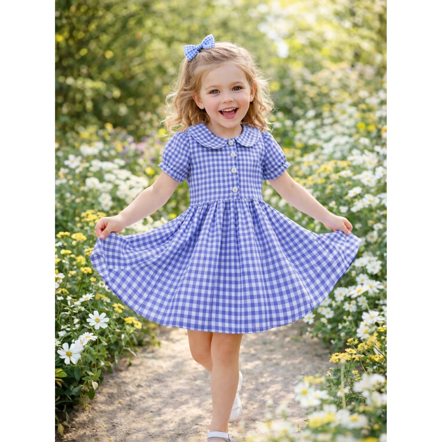HILEELANG 3-13T Little/Big Girls Navy Gingham 100% Cotton Dress